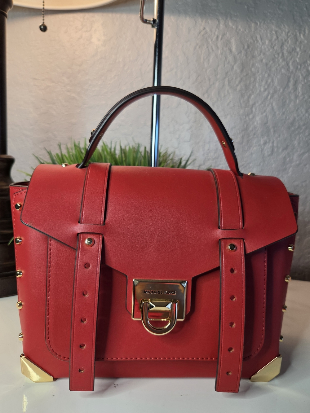 Michael Kors Manhattan Medium Flame Red Leather Satchel Crossbody - Picture 2 of 16